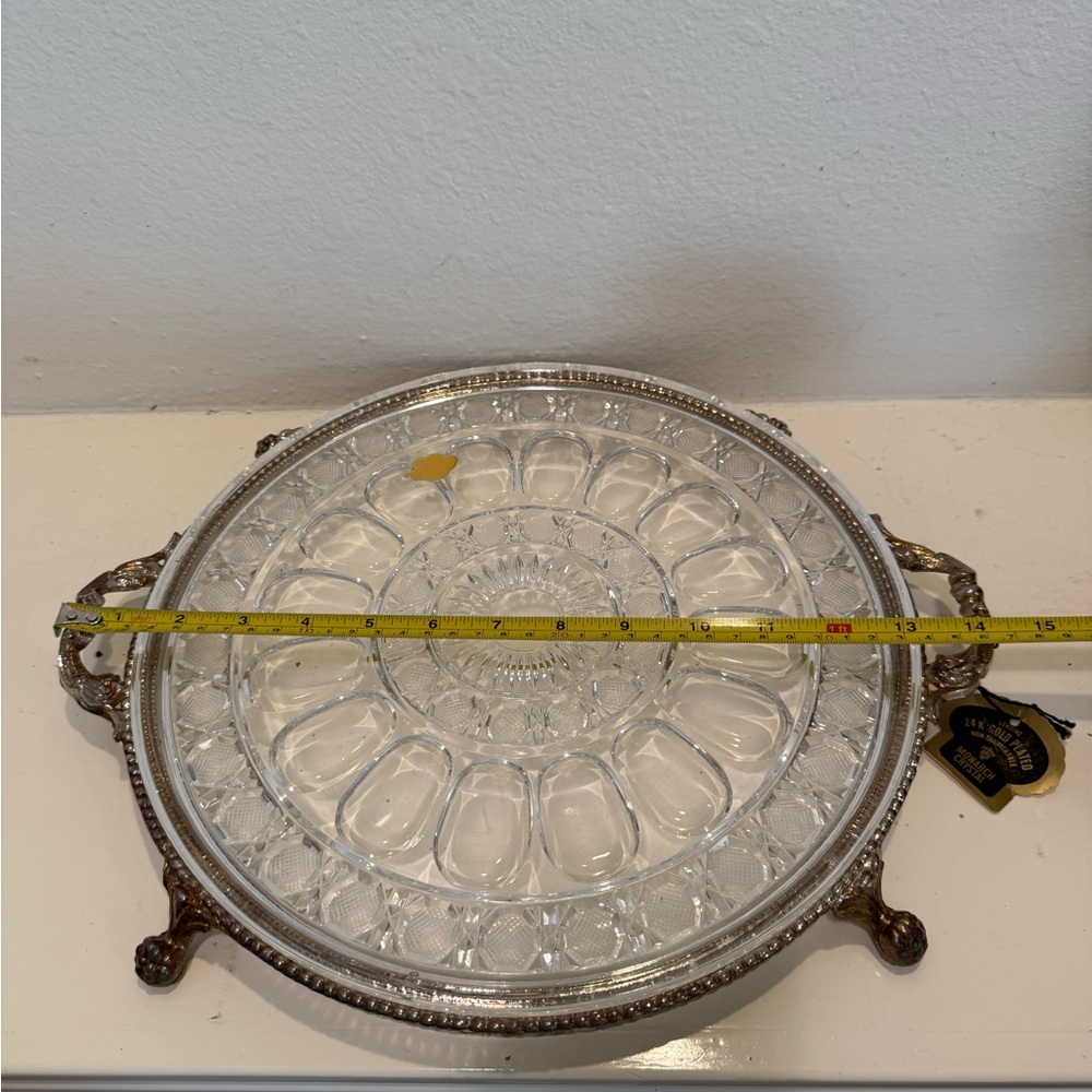 Vintage Ornate Monarch Crystal 24K Gold Plated Round Claw Foot Serving Tray - Picture 10 of 12